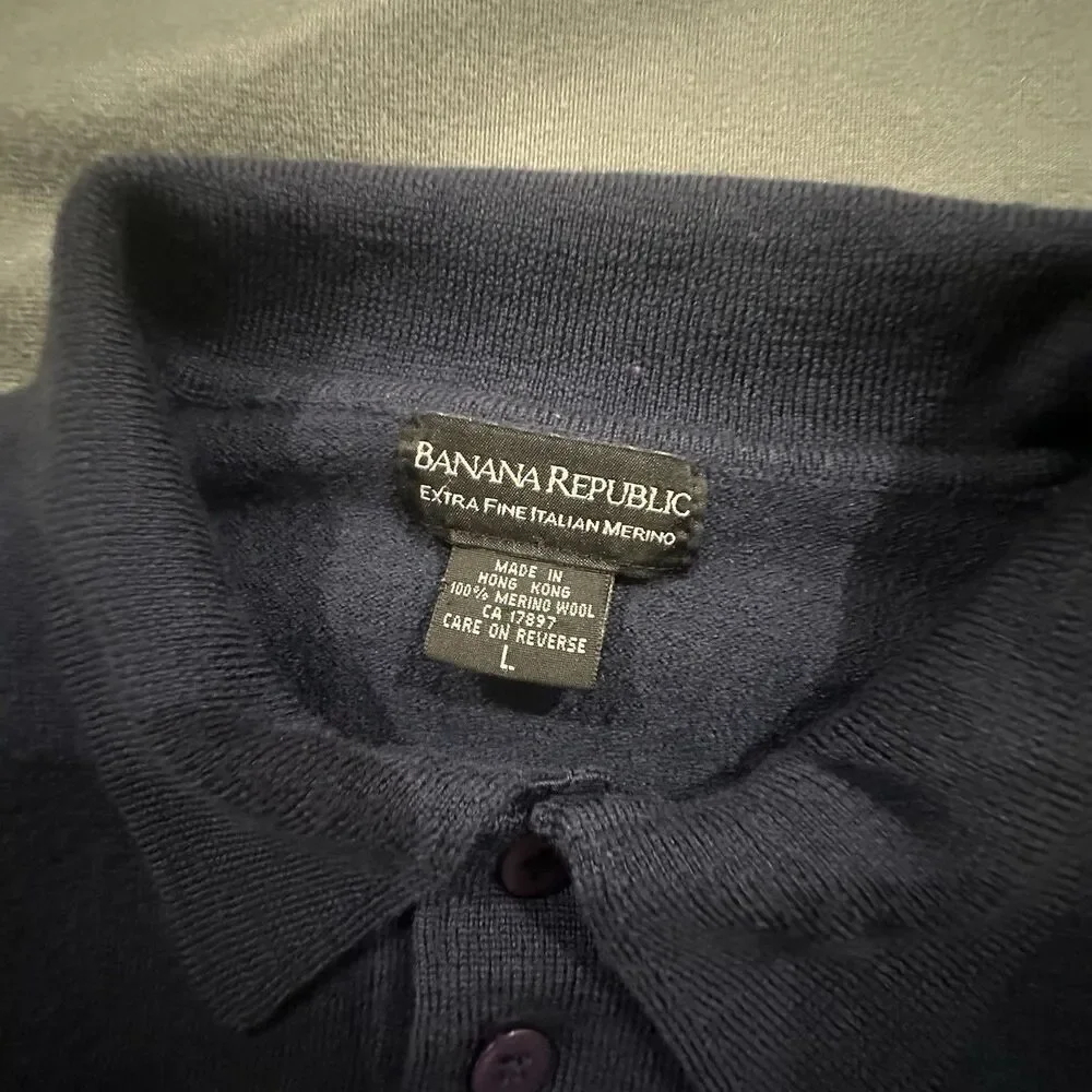 Banana Republic Sweater Mens L Extra Fine Italian Merino Wool Polo Pullover Navy